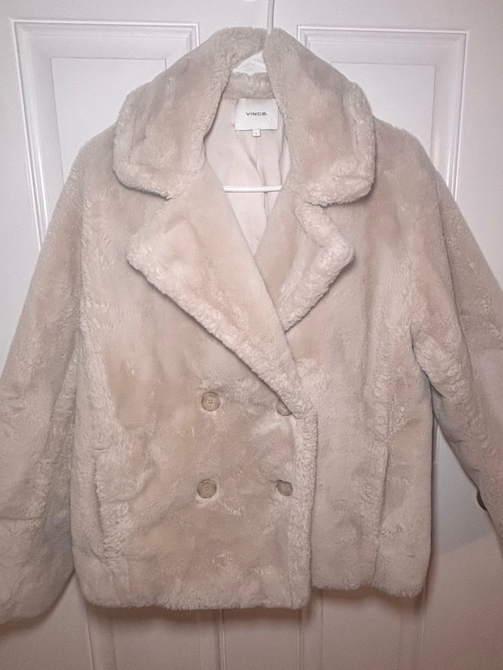 Vince Faux Fur Teddy Jacket Large Cream Double Breasted Machine Wash Cozy Luxe